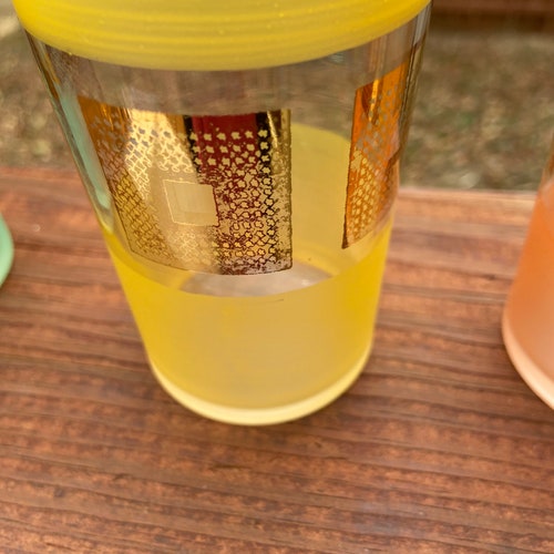 Vintage sale High Ball gold block Glasses; 5 Colors with Gold Sqares; Vintage Barware; orange, Blue Green ,Yellow lavender