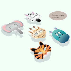 Könnte beinhalten: Ausdruckbare Safari-Tiermasken. Die Masken beinhalten ein Zebra, einen Elefanten, eine Giraffe, einen Tiger und ein Flusspferd. Die Masken sind schwarz-weiß, grau, braun, orange und blau.