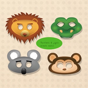 Jungle animal mask, lion mask, crocodile mask, alligator mask, koala mask, monkey mask, kid mask, paper mask, printable lion mask