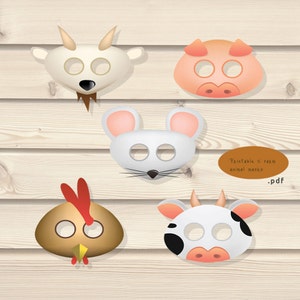 Farm masks, farm animals mask, farm party, barnyard animal masks, cow mask, pig mask, rooster mask, mouse mask, goat mask, farm birthday