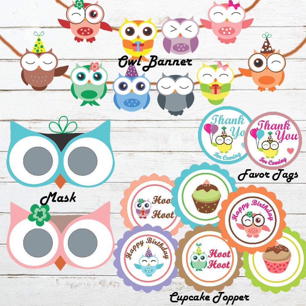 Owl mask, owl birthday banner, owl party set, owl birthday party, owl printable, printable decoratio