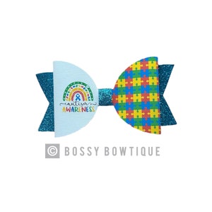 Autism awareness, hair bow, rainbow puzzle