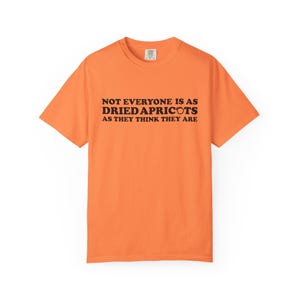 May include: Orange t-shirt with the text "NOT EVERYONE IS AS DRIED APRICOTS AS THEY THINK THEY ARE" in black. The shirt is a solid orange color and has a crew neck.