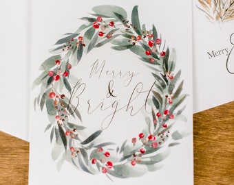 Merry and Bright Watercolor Christmas Wreath with Berries Card 4x5