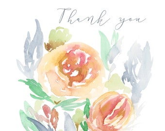 Thank You Note Watercolor Peach Rose Floral