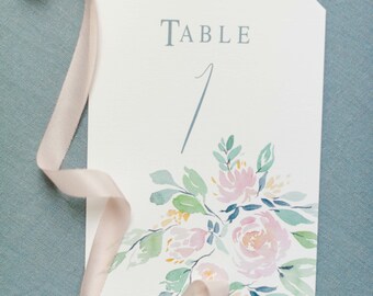 Blush pink, Floral, Wedding, Watercolor, Table Numbers, Reception