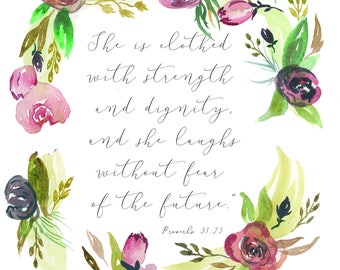 Proverbs 31:25 Watercolor Print Wreath Floral