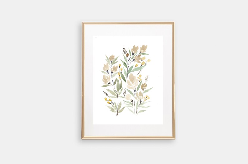 Neutral Floral Watercolor Print Wall Art image 1