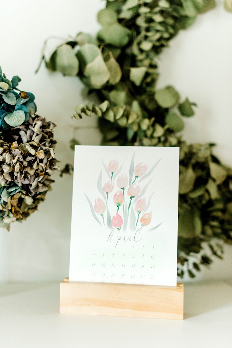 Watercolor floral and landscape 2021 calendar with natural wood block stand image 6