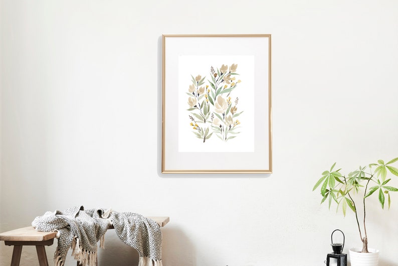 Neutral Floral Watercolor Print Wall Art image 3