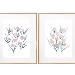 Tulips and Peonies Watercolor art print 5x7 pair image 1