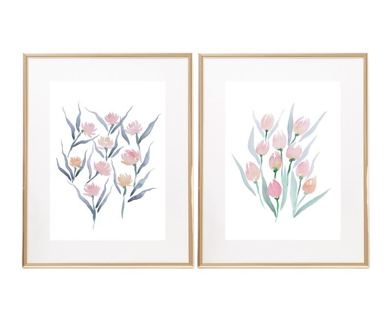 Tulips and Peonies Watercolor art print 5x7 pair image 1