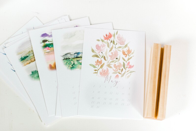 Watercolor floral and landscape 2021 calendar with natural wood block stand image 8