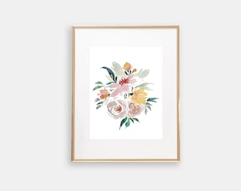 Wild Floral in purple, grey, yellow, Watercolor print