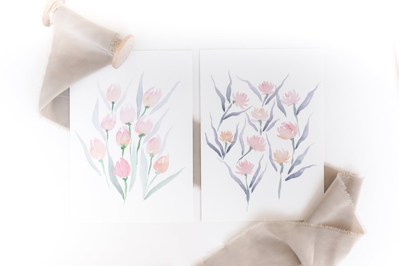 Tulips and Peonies Watercolor art print 5x7 pair image 4