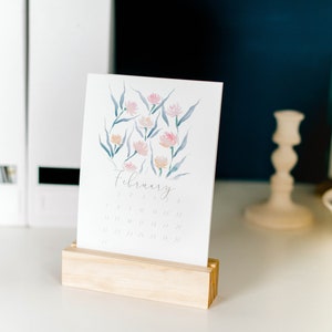 Watercolor floral and landscape 2021 calendar with natural wood block stand image 1