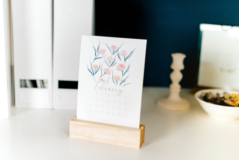 Watercolor floral and landscape 2021 calendar with natural wood block stand image 1