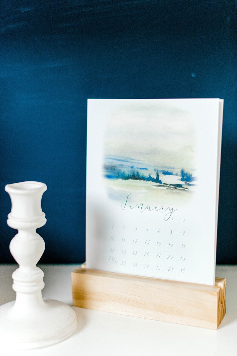 Watercolor floral and landscape 2021 calendar with natural wood block stand image 9