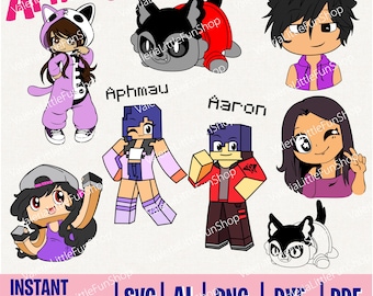 May include: Digital clipart featuring cartoon characters from the popular Minecraft series. The characters are Aphmau, Aaron, and a dog. The characters are in various poses and expressions. The clipart is in a colorful style and is perfect for crafting projects, scrapbooking, and more.