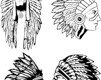 May include: Black and white illustrations of Native American chiefs in profile and full face, wearing feathered headdresses. The image includes the text "EPS FILE * PDF FILE * SVG FILE * PNG FILE".