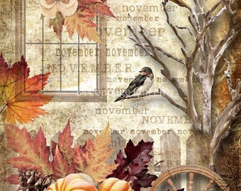May include: A vintage-inspired image with a window frame, fall leaves, pumpkins, and birds. The text "NOVEMBER" is repeated throughout the image.