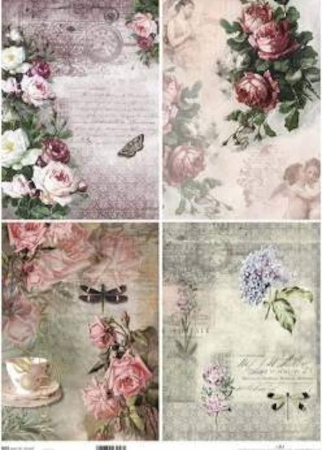 Rice Paper for Decoupage A3 Single Sheet 4 Vintage Floral Images ...