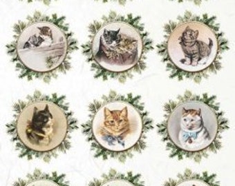 May include: Twelve vintage illustrations of cats in circular frames with a green holly border. Each illustration features a different cat breed with varying poses and expressions.