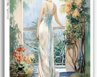Rice Paper For Decoupage, A4 Sheet Of Rice Paper, Woman On Balcony, Decoupage, Crafts, Scrapbooking, Journaling, #PD0179