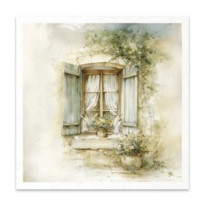 May include: Watercolor painting of a window with open shutters and sheer curtains. The window is framed by a stone arch and surrounded by climbing vines and potted flowers. The color palette is soft, with muted greens, browns, and creams.