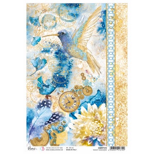 May include: A blue hummingbird with gold accents flies over a watercolor background with gold clock faces, gears, and a yellow flower. The background also features blue and white feathers and a blue and gold patterned border.
