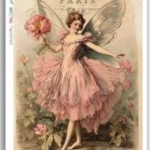 May include: A vintage illustration of a fairy with pink wings and a pink dress holding a pink flower. The fairy is standing in a field of flowers with the text "PARIS" in the background.