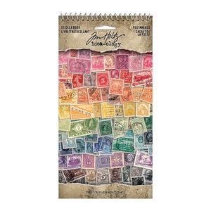 May include: A sticker book featuring a rainbow of vintage postage stamps. The book is titled "Jim Holtz idea-ology" and says "Postmarked Cachet de la Poste" and "288 Stickers/288 Autocollants".