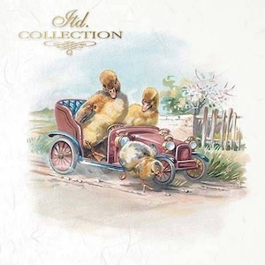 May include: A vintage illustration of three ducklings driving a red toy car. The ducklings are yellow and have brown eyes. The car has a black steering wheel and black wheels. The car is driving on a dirt road with green grass and a white picket fence in the background.