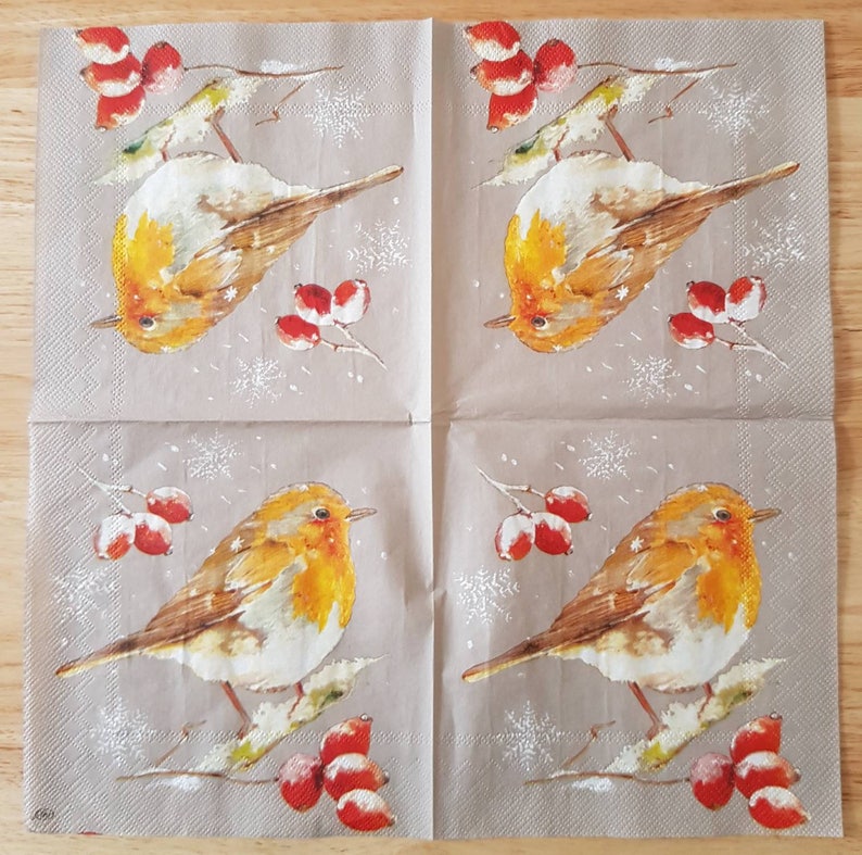 Paper Napkins For Decoupage 2 Napkins Christmas Robin Square Etsy