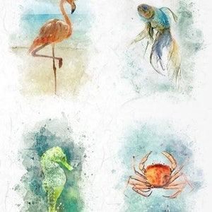 May include: A watercolour painting of four sea creatures: a pink flamingo, a blue and green goldfish, a green seahorse, and a red crab.