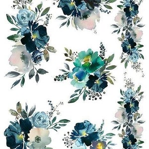 May include: A digital paper pack featuring watercolour floral illustrations. The flowers are in shades of blue, green, and white. The background is white.