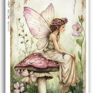 May include: A watercolour illustration depicts a fairy with large wings, seated on a red-capped mushroom. She wears a floral crown and a flowing gown, surrounded by flowers and foliage in soft, muted tones.