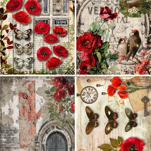 Rice Paper For Decoupage, Single A4 Sheet, Roses And Poppies By Decoupage Queen, Decoupage, Collage, Scrapbooking, Journaling, #DQ655