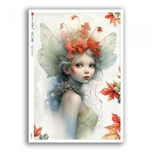 May include: A watercolour illustration of a fairy with pale skin, blue-grey hair, and large, light green wings. She wears a crown of red leaves and a pale yellow dress. Red and orange leaves are scattered around the edges of the image.