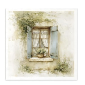 May include: Watercolor painting of a window with open, light blue shutters. White curtains with lace trim hang inside the window. A small potted plant sits on the windowsill. Green vines and foliage frame the window.