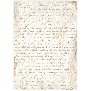 May include: A sheet of aged, off-white paper featuring dense, handwritten cursive text in dark ink. The document displays visible signs of wear, including creased edges, a crinkled texture, and several light brown, circular stains across the surface.