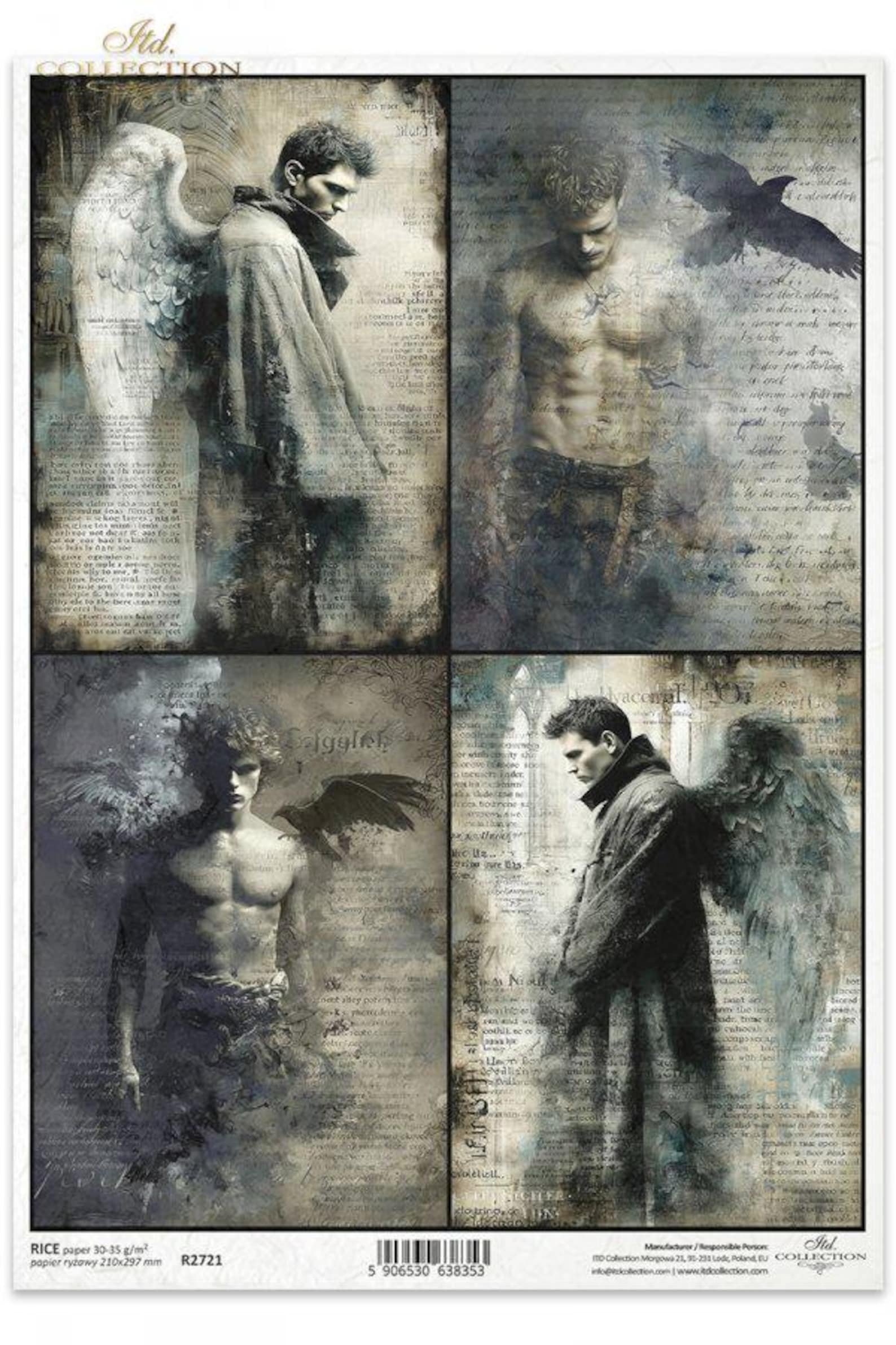 Winged Man Color Rice Paper for Decoupage, A4 Sheet of Rice Paper, 4 X Winged Men ...