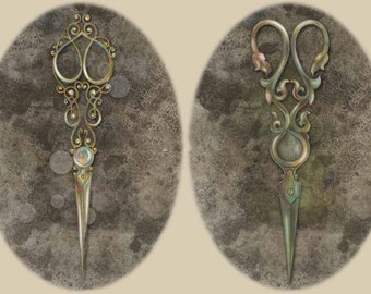 May include: Two ornate, antique-style scissors with intricate, gold-toned designs. The scissors are set against a textured, brown background.