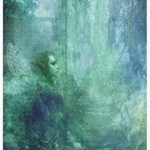 May include: A digital art print depicting a fairy with wings in a blue and green woodland setting. The fairy is gazing to the right and has long dark hair. The background is a blurred woodland scene with trees and vines.