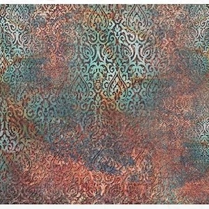 May include: A teal and brown patterned fabric with a damask design. The fabric has a distressed, vintage look.
