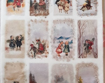 May include: A sheet of 12 vintage-style Christmas decoupage paper featuring children in winter scenes. The paper is printed on rice paper and is perfect for crafting projects.
