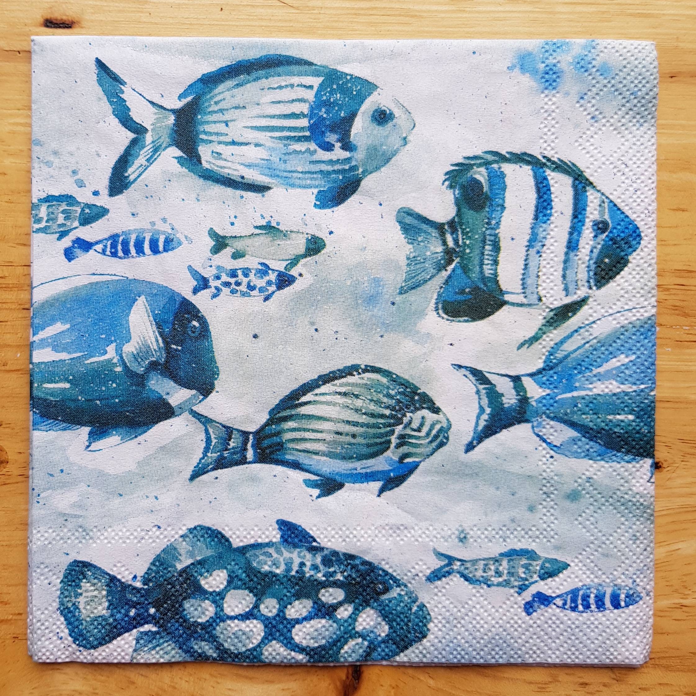 Paper Napkins For Decoupage 2 x Blue Fishes On White Cocktail Etsy