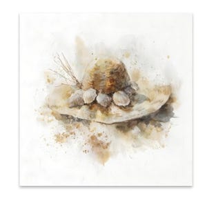 May include: A watercolour-style illustration of a wide-brimmed straw hat adorned with a collection of small, light-coloured seashells around the crown. The artwork features soft, blended brown and beige tones with splattered paint effects.