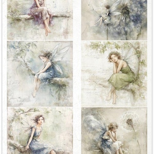 May include: A decorative paper sheet with six watercolour illustrations of fairies. Each fairy has delicate wings, sitting on branches or near dandelions. The colour palette includes soft blues, greens, and purples, with a vintage aesthetic.