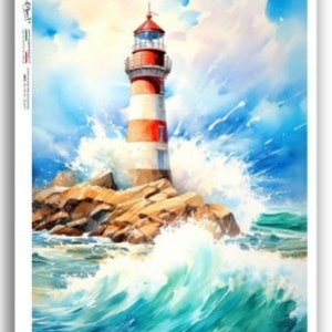 May include: A red and white lighthouse stands tall on a rocky outcrop, with crashing waves in the foreground. The sky is a vibrant blue with white clouds.